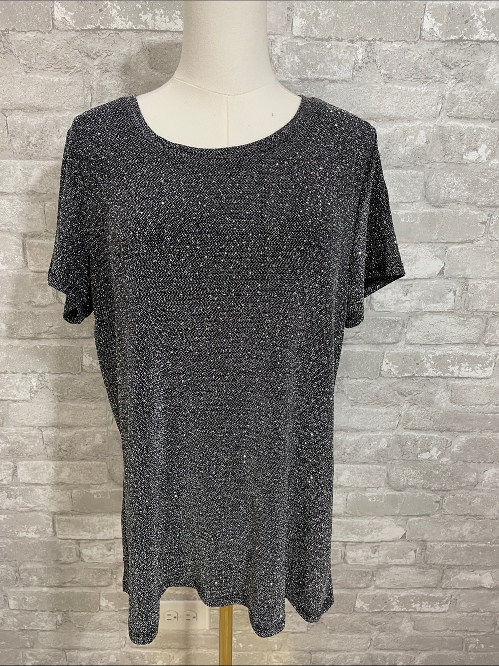Studio Y Shimmery Short-Sleeve Knit Top - Black/Silver